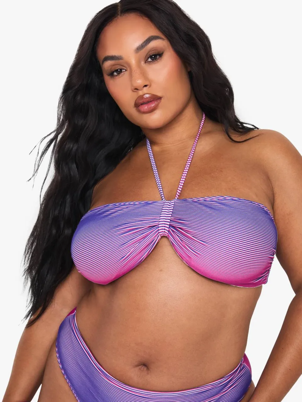 boohoo Dames PLUS TEXTURED STRIPE BANDEAU BIKINI violet, foto 4