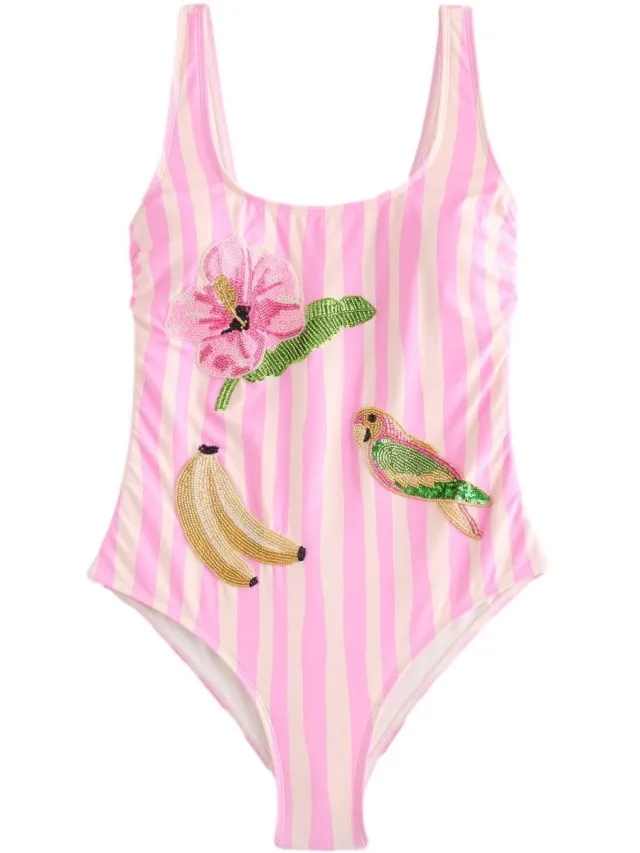 Next Dames - Buikcorrigerend badpak met kralenversiering en lage hals - Roze Pink/Cream Stripe