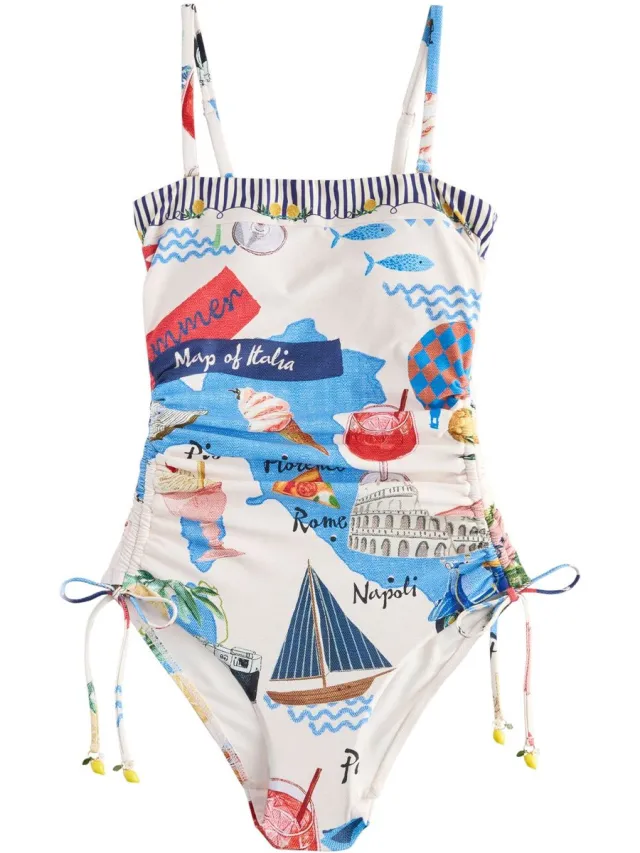 Next Dames - Vormgevend, buikcorrigerend bandeaubadpak met ruches op de pijpen - Tall - Crème Cream/Red Map Print