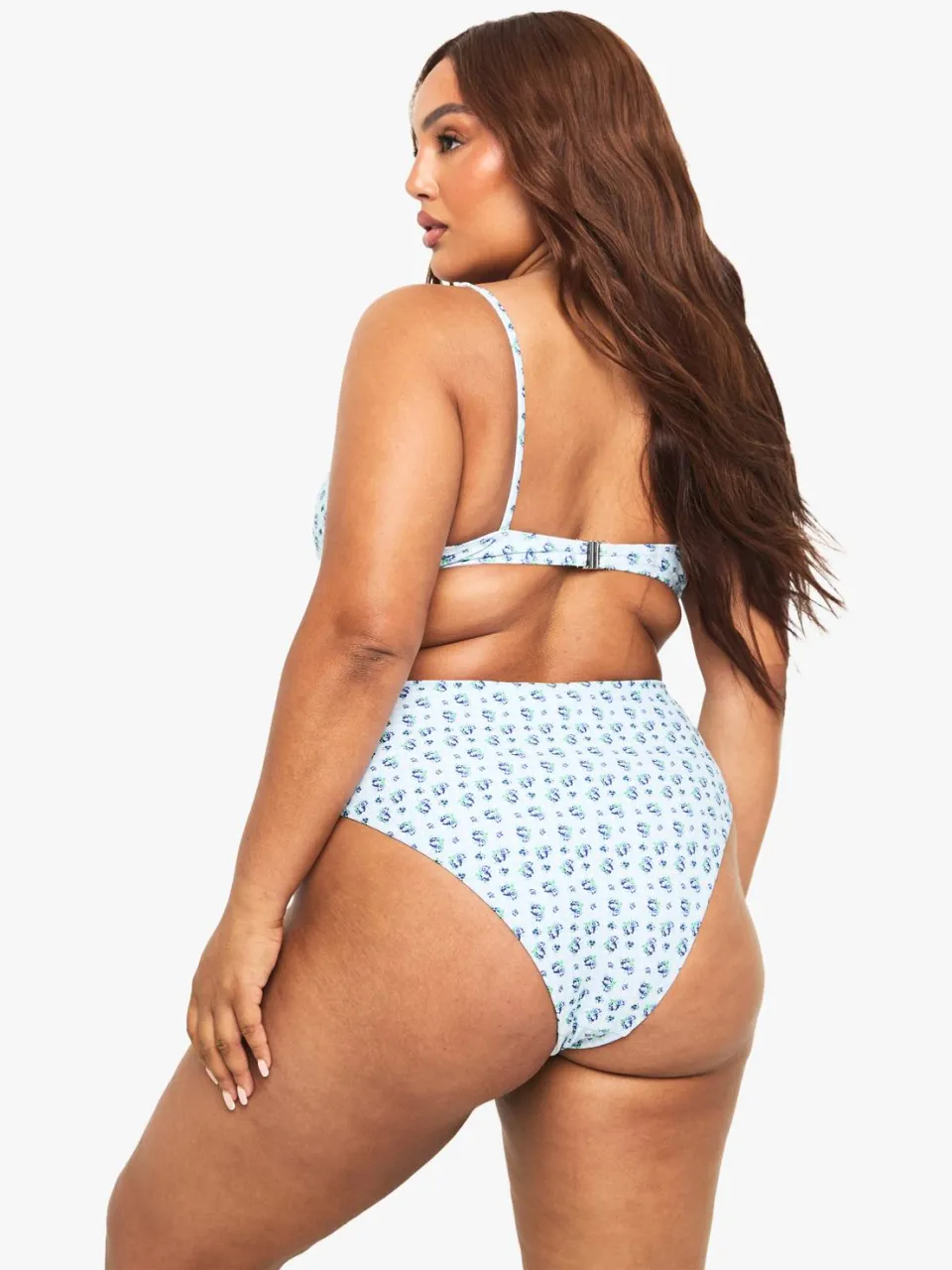 boohoo Dames Plus Gingham Bloemenprint Bikini Top met beugels babyblauw, foto 2