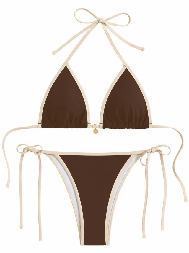 NUVEX Bruin wit bikini set dames driehoek bikini halter bikini zwempakset met zijstrik en laag taille bikini broekje 2 delige strandkleding vakantie zwemkleding