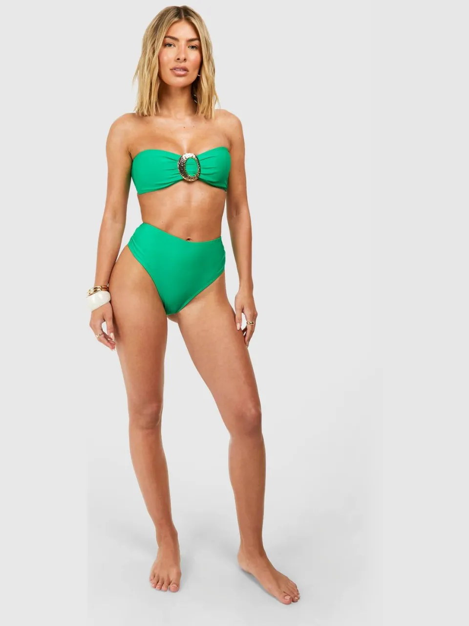 boohoo Dames Gold Trim Detail Bandeau Bikini Top & High Waist Bikini Bottoms Set, foto 2