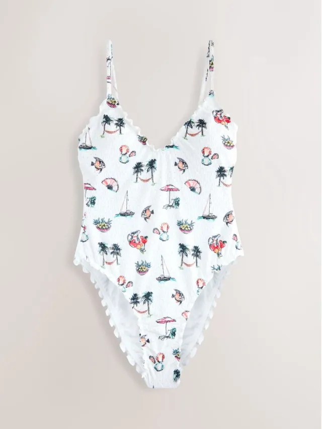 Next Dames - Diepuitgesneden buikbedekkend badpak - Wit White Conversational Broderie