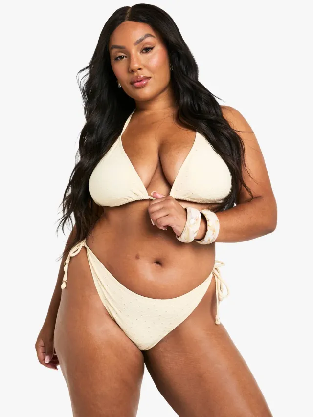 boohoo Dames Plus bikini met schelpenversiering, borduurdetails, strik aan de voorkant en hoge taille bikini citroen, foto 3