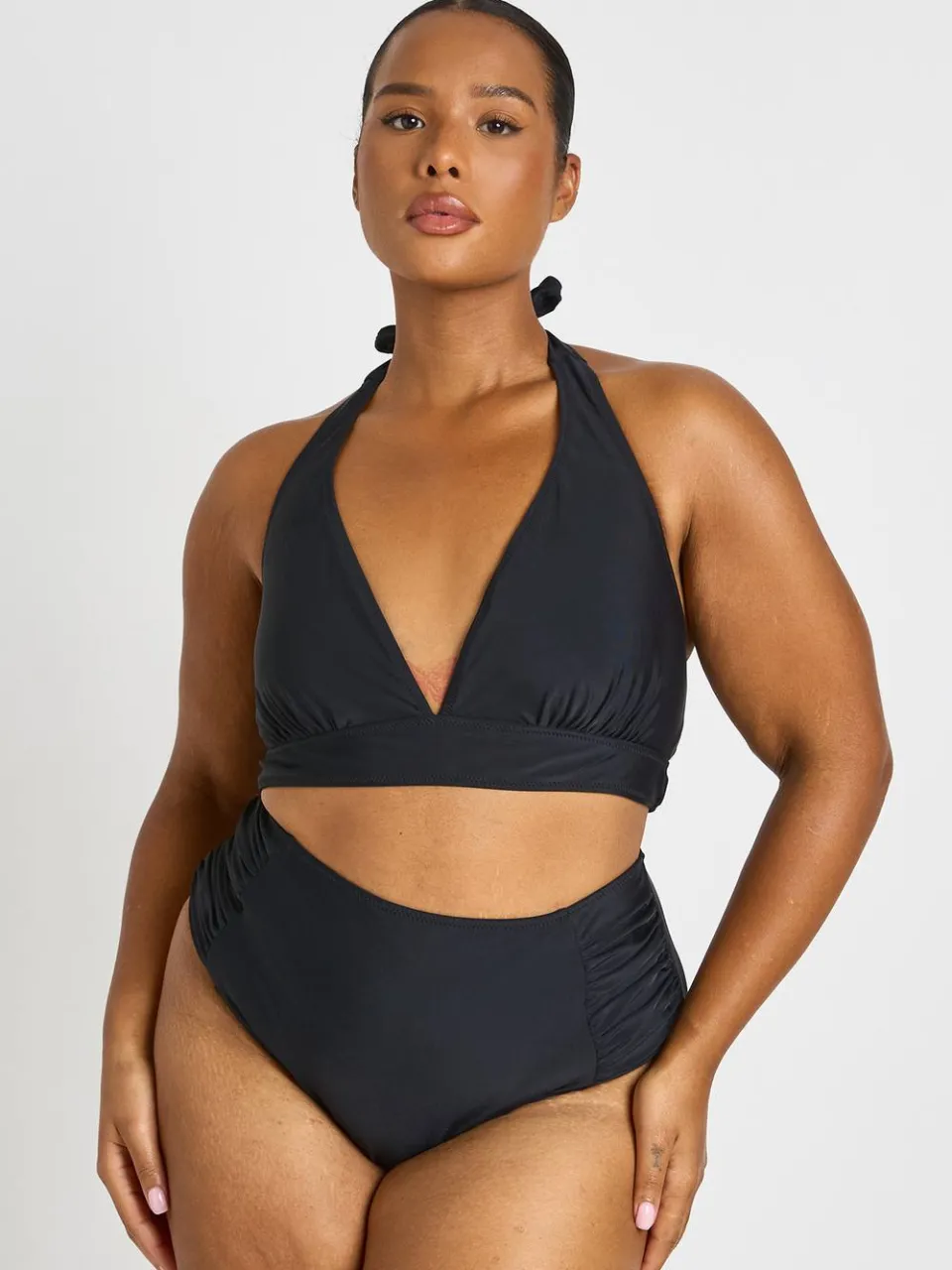 boohoo Dames Plus Plunge Top & Buikcontrolerende Gerimpelde Hoge Bikinislip Set Zwart