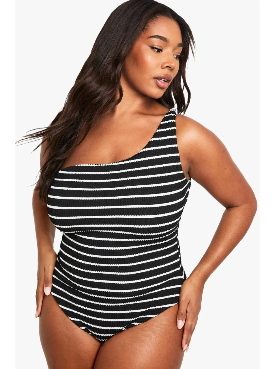 boohoo Dames PLUS GEKREUKELD GESTREEPT EENSCHOUDELijK BADKOSTUUM zwart, foto 3