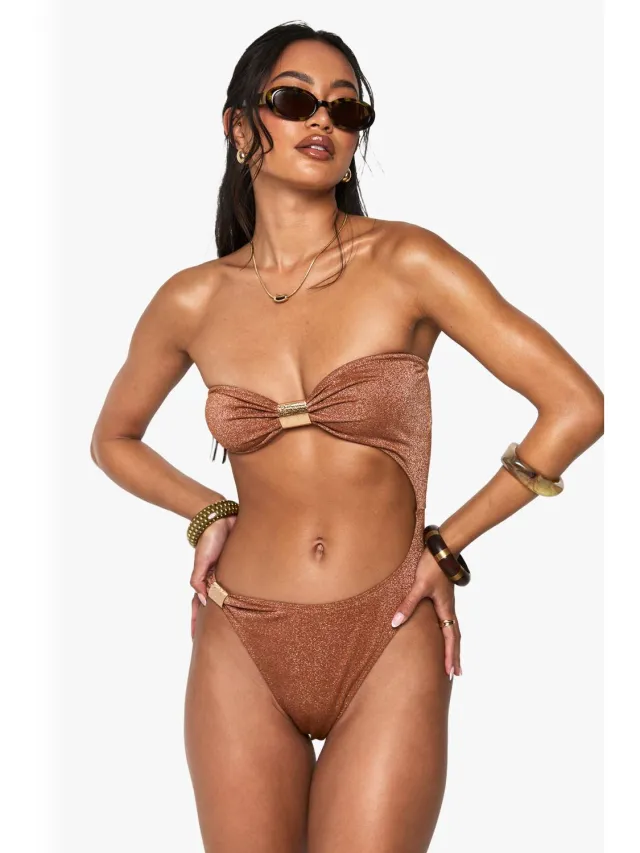 boohoo Dames Premium badpak met geslagen gouden hardware-detail en uitsparingen Roest