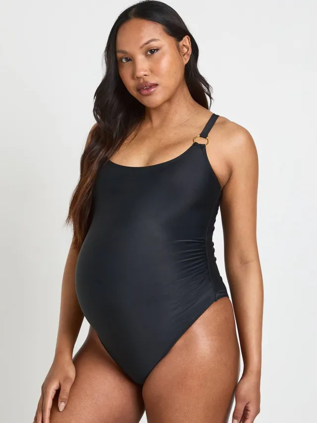 boohoo Dames Zwangerschapsbadpak Met Decoratief Detail En Ronde Halslijn Zwart