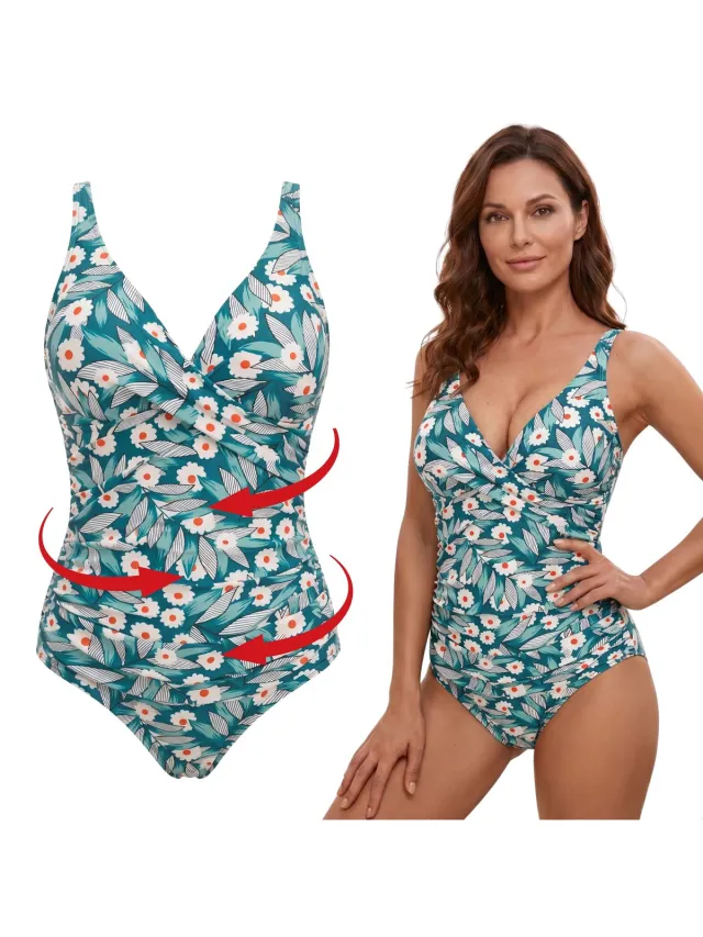 RENALUX Corrigerend Badpak Dames met Verstelbare Bandjes - Shaping Badpak - Corrigerend Badpakken voor Dames - Groen met Bloemen Print Groen met Bloemenprint