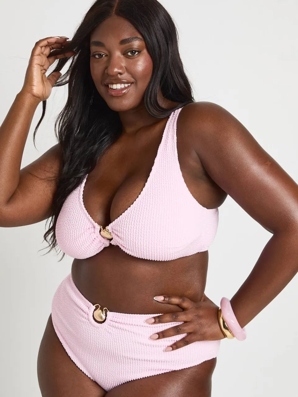 boohoo Dames Plus Crinkle Shell Trim Hoge Taille Bikinibroekje Baby Roze