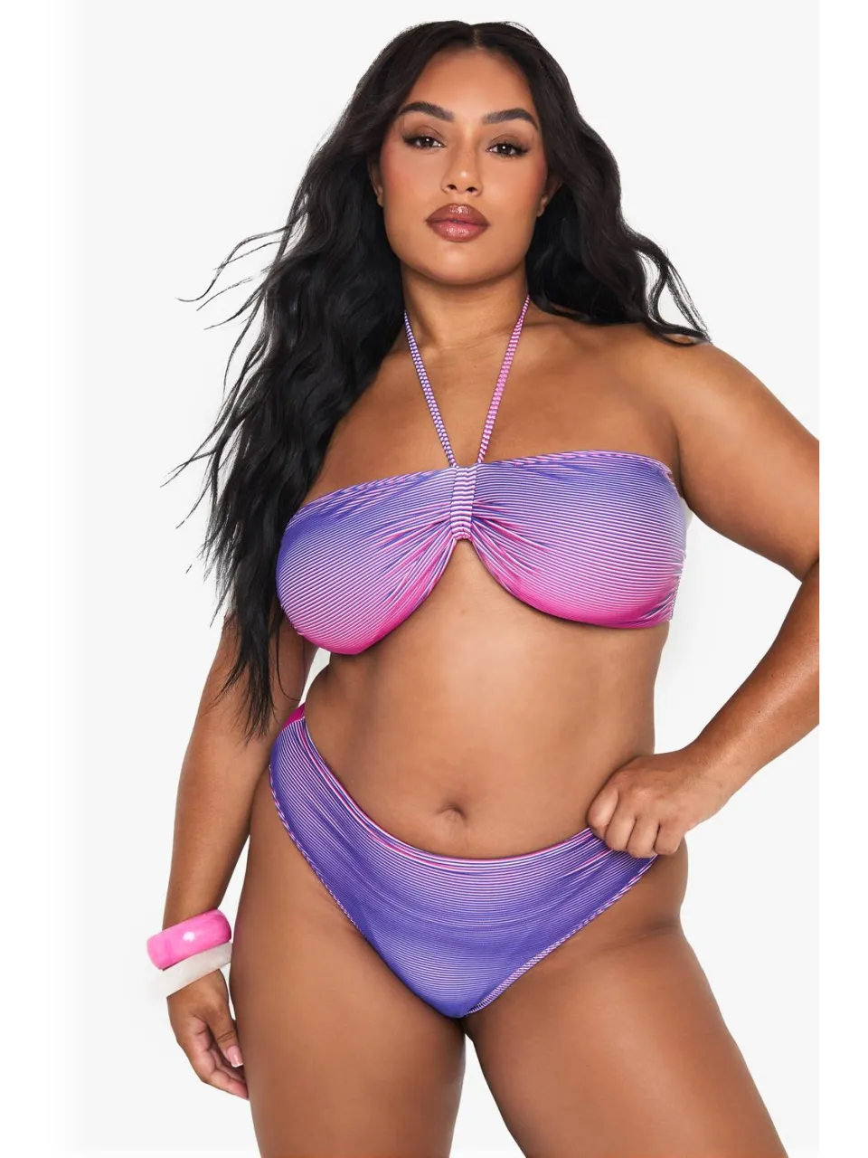 boohoo Dames PLUS TEXTURED STRIPE BANDEAU BIKINI violet, foto 3