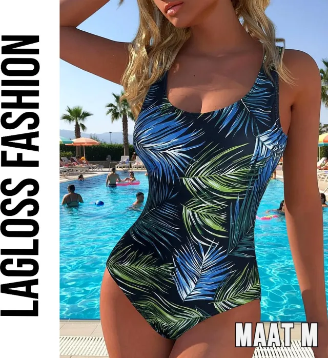 LaGloss Dames Eendelig Badpak in Turquoise Blauw & Zwart Palmblad Print – Ronde Hals, Elegante Volledige Bedekking – Zwemkleding voor Strand, Zwembad & Vakantie –