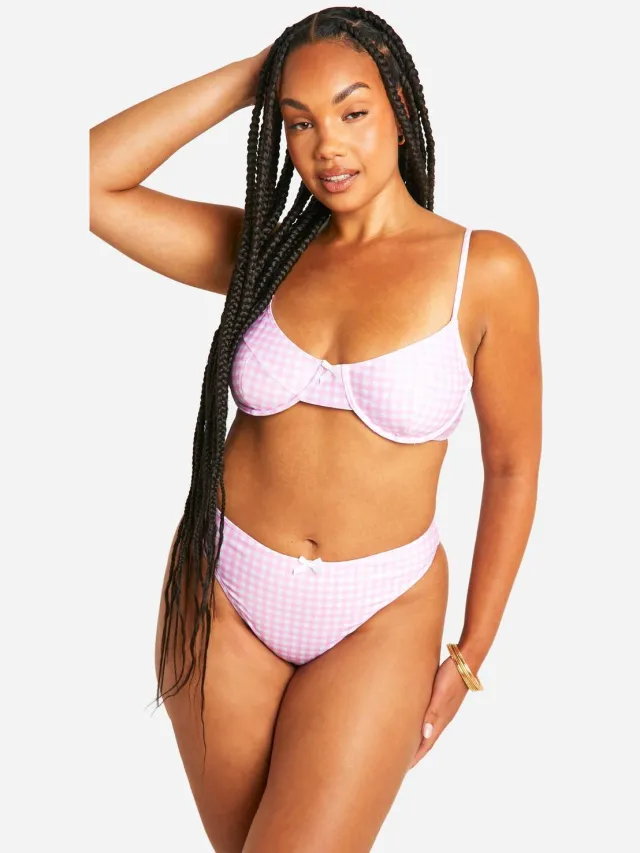 boohoo Dames Plus Gingham Print Hoog Getailleerde Bikini Slip roze, foto 2
