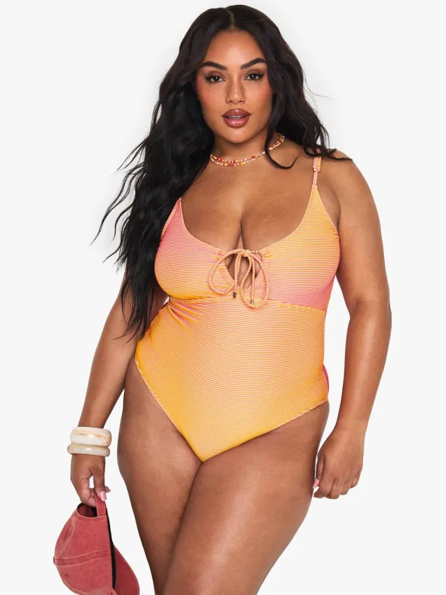 boohoo Dames PLUS TEXTURED STRIPE CUTOUT BADKOSTUUM Oranje