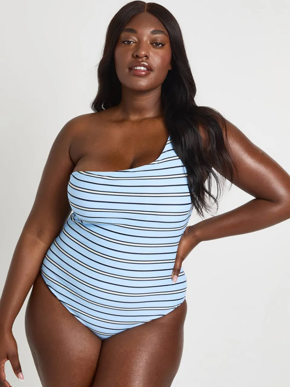 boohoo Dames Plus Gestreept Éenschouder Badpak blauw, foto 3