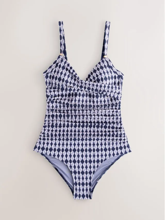 Next Dames - Vormgevend en buikcorrigerend petite badpak - Petite - Blauw Navy Blue Geometric
