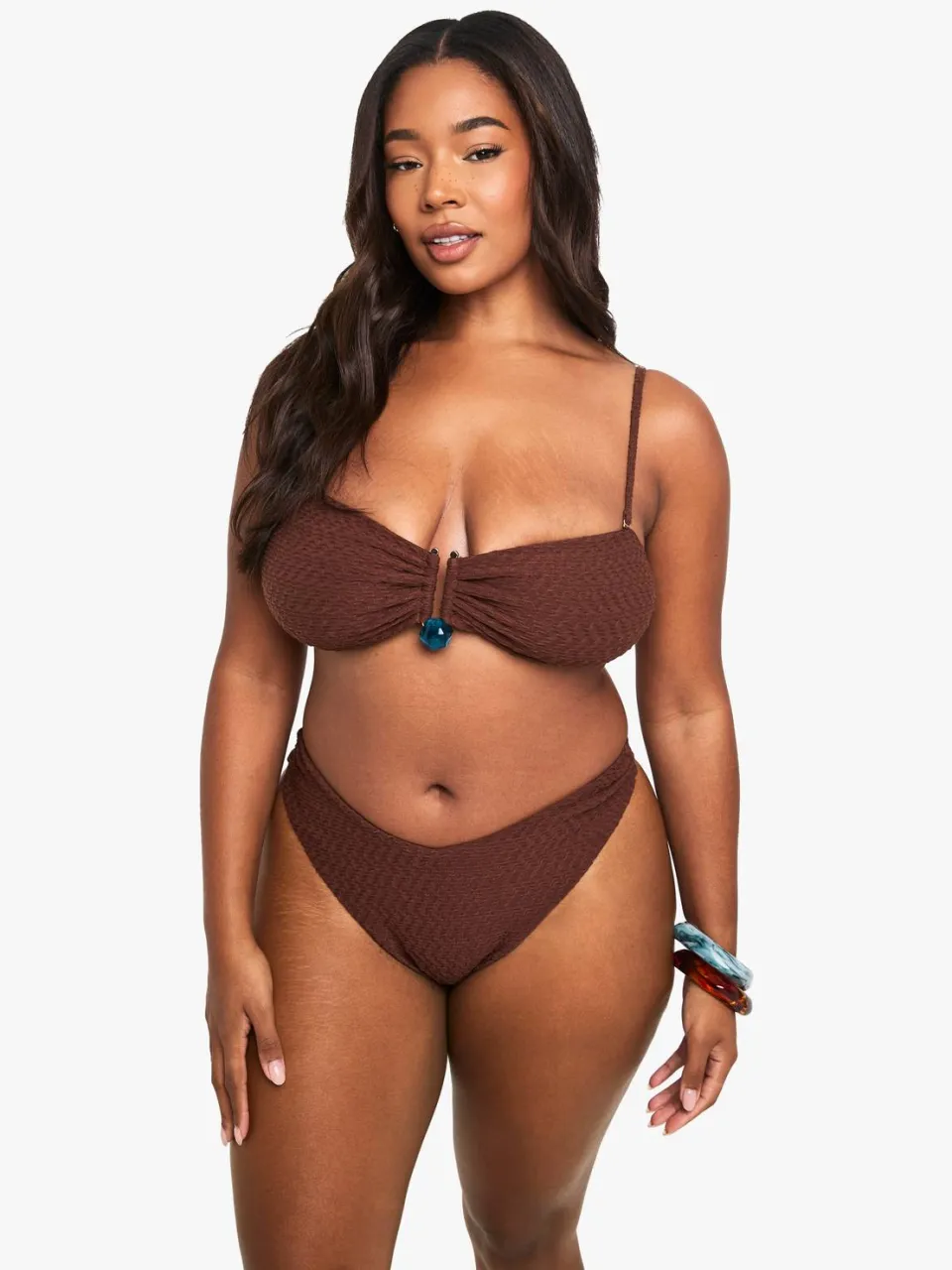 boohoo Dames Plus Crinkle Hoge Taille Slip chocoladebruin, foto 3