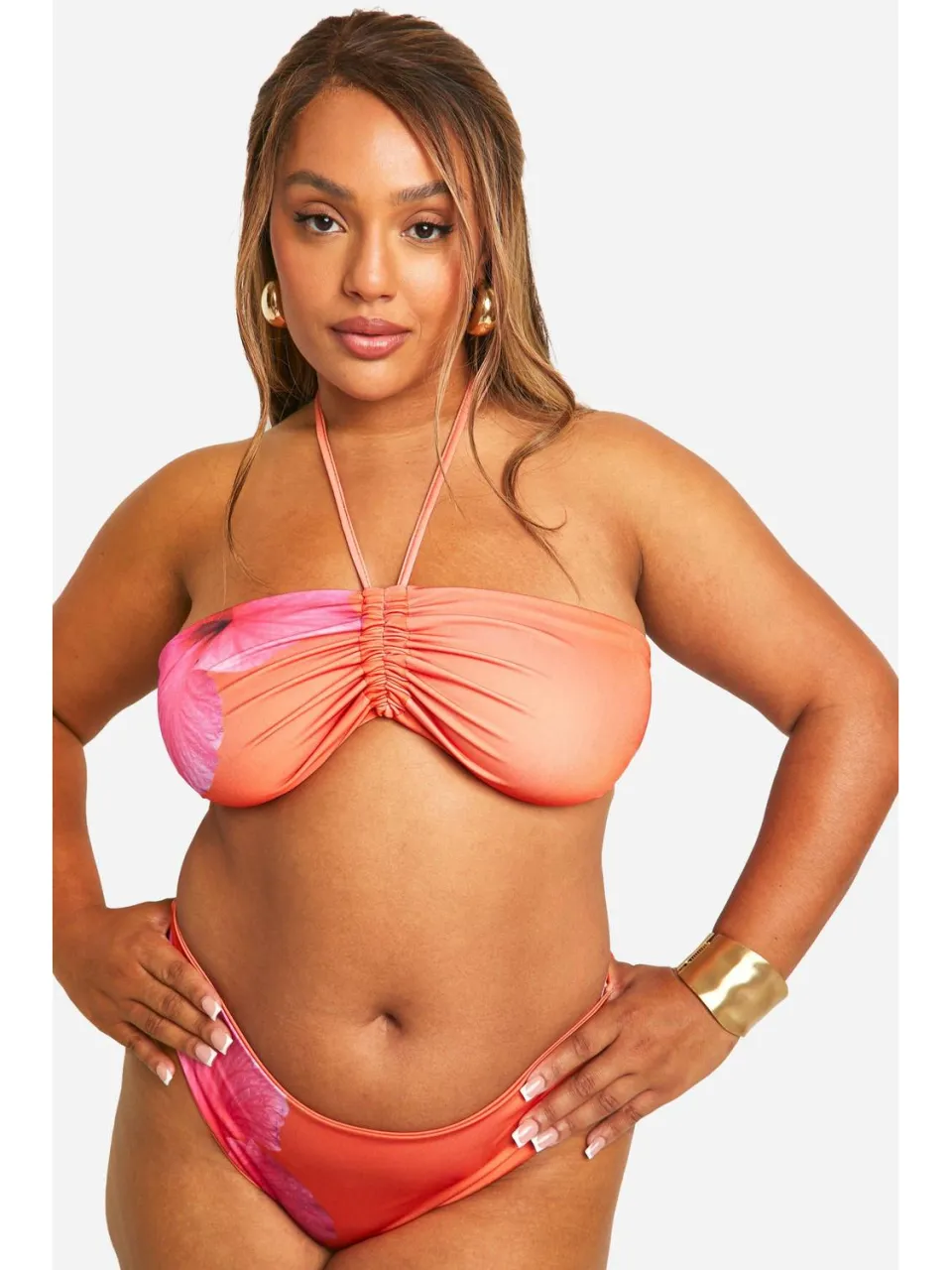 boohoo Dames Plus Size Bloemen Bandeau Bikini Top oranje, foto 3