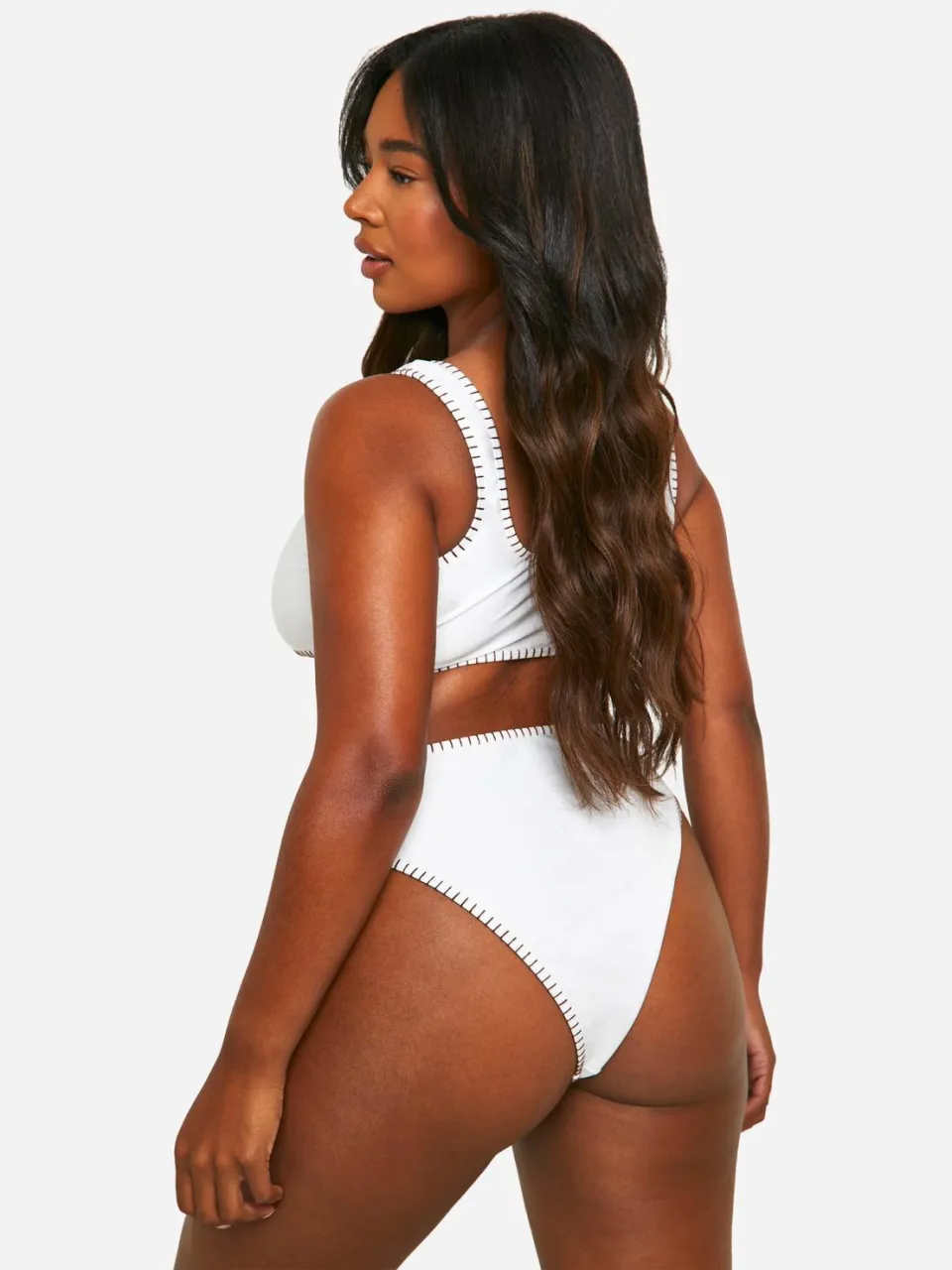 boohoo Dames Plus Contrast Stitch High Waisted Bikini ecru, foto 2