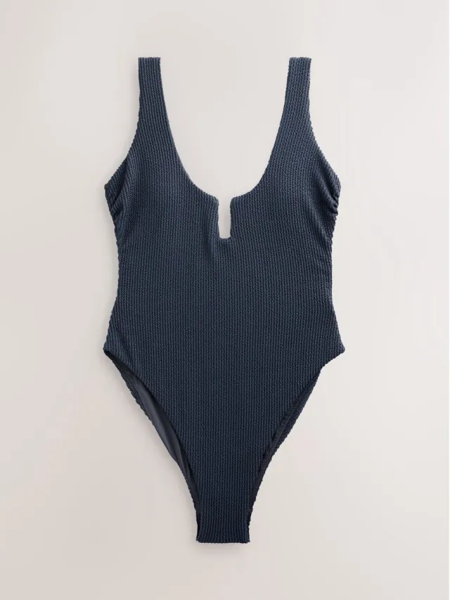 Next Dames - Buikbedekkend badpak met ruime ronde hals - Blauw Steel Blue Crinkle