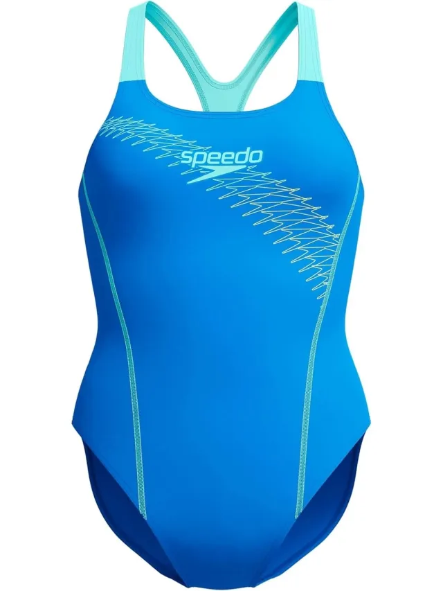 Speedo Dames-eendelig zwempak met ‘Medley Medalist’-print (Middernacht blauw)