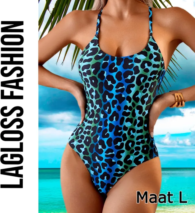 LaGloss Badpak Panterprint met Blauwe Overloop & Kruisbandjes – Eendelig –
