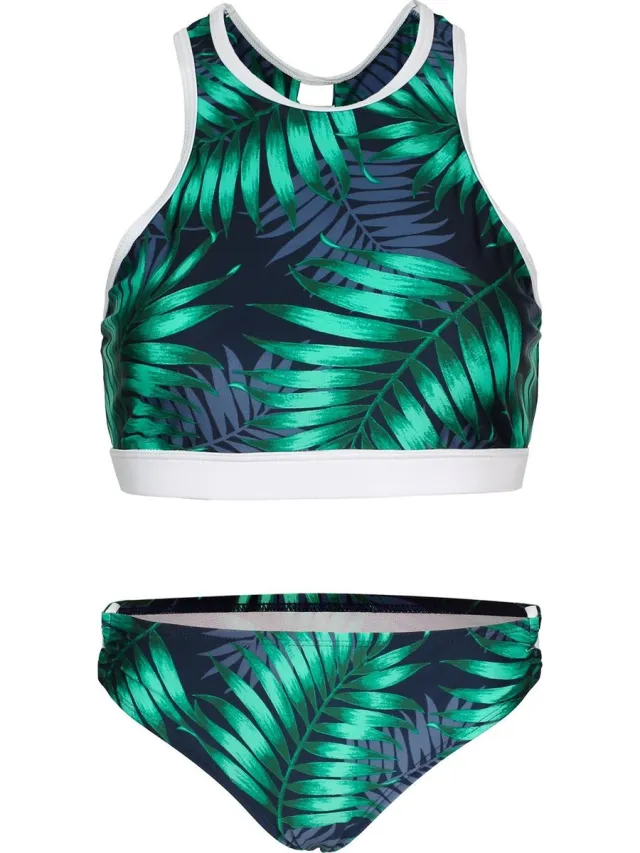 La V Bikini sport met gevlochten detail- Tropical leaf 164-170 Navy- groen