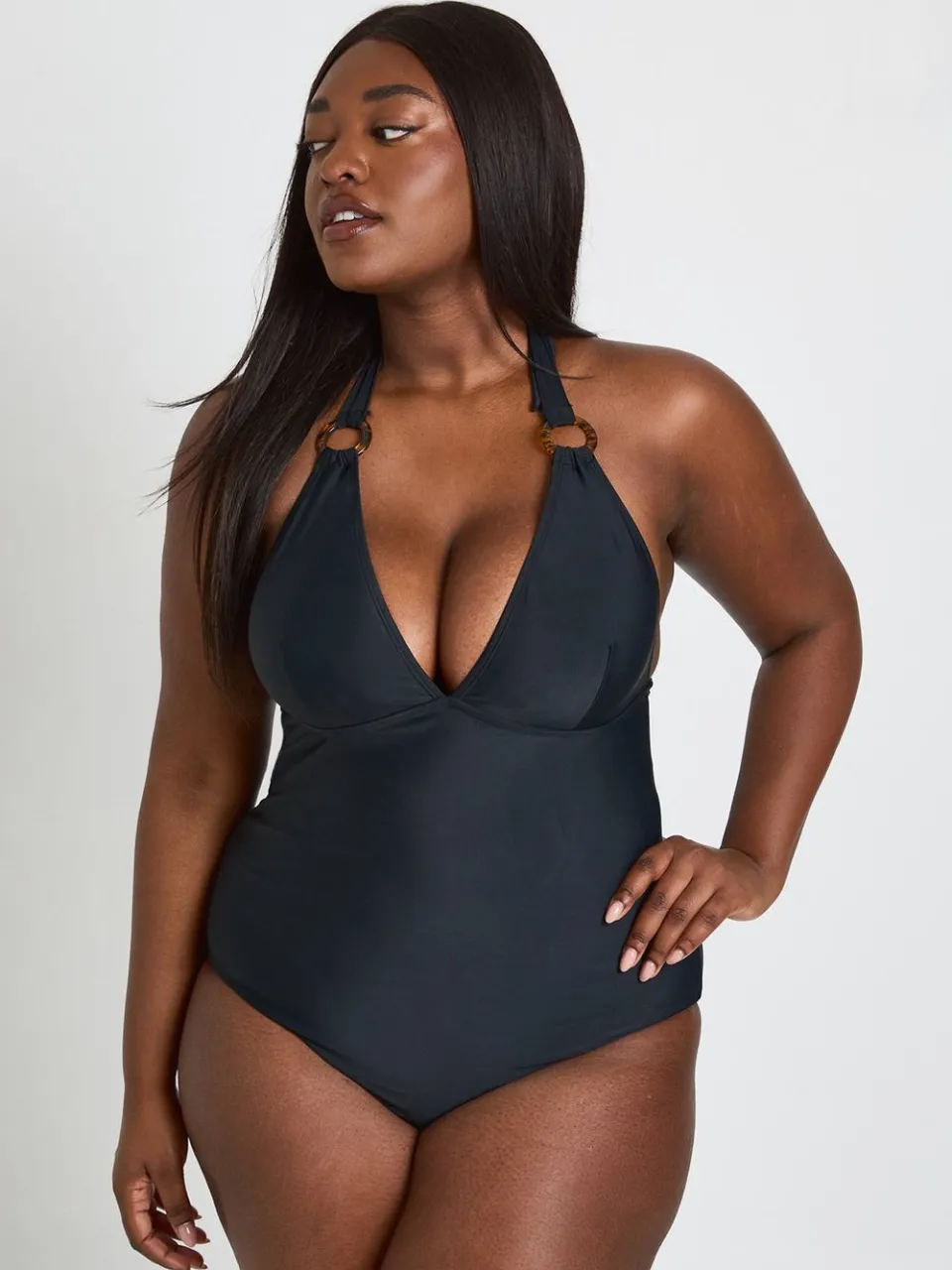 boohoo Dames Plus Badpak Met Diepe Halslijn En Sierdetail zwart, foto 3