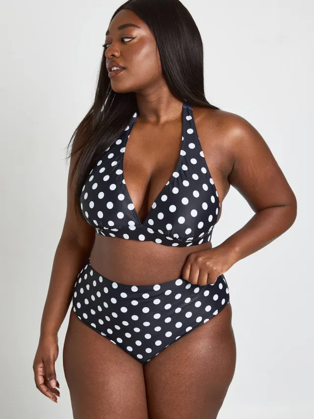boohoo Dames Plus Polkadot Diepe Halternek Bikini Set Zwart