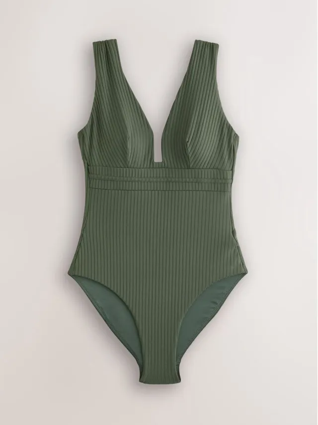 Next Dames - Buikcorrigerend badpak met lage hals - Groen Khaki Green Rib
