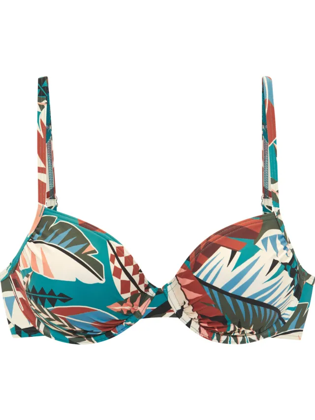 beugelbikinitop turquoise met bladprint, foto 2