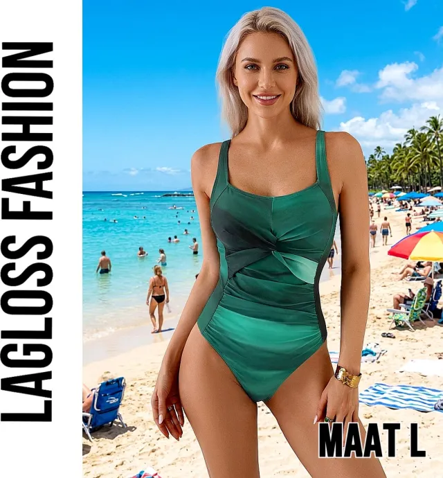 LaGloss Groen Tie-Dye Badpak Dames – Buikcorrigerend Eendelig Badpak met Twist Detail – Zomermode – Beach Fashion –