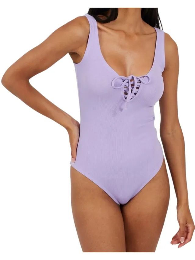 Brave Soul Dames Kanten Bodysuit met Veters (Violet) Paars