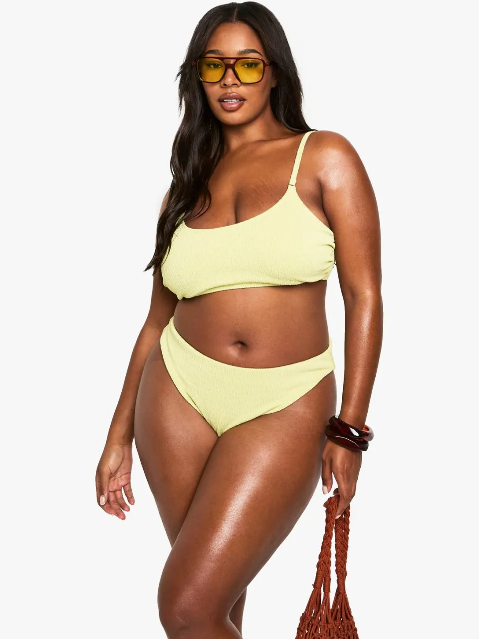 boohoo Dames Plus Zwemkleding Essentials Crinkle Scoop Neck Bikini Top Olijf