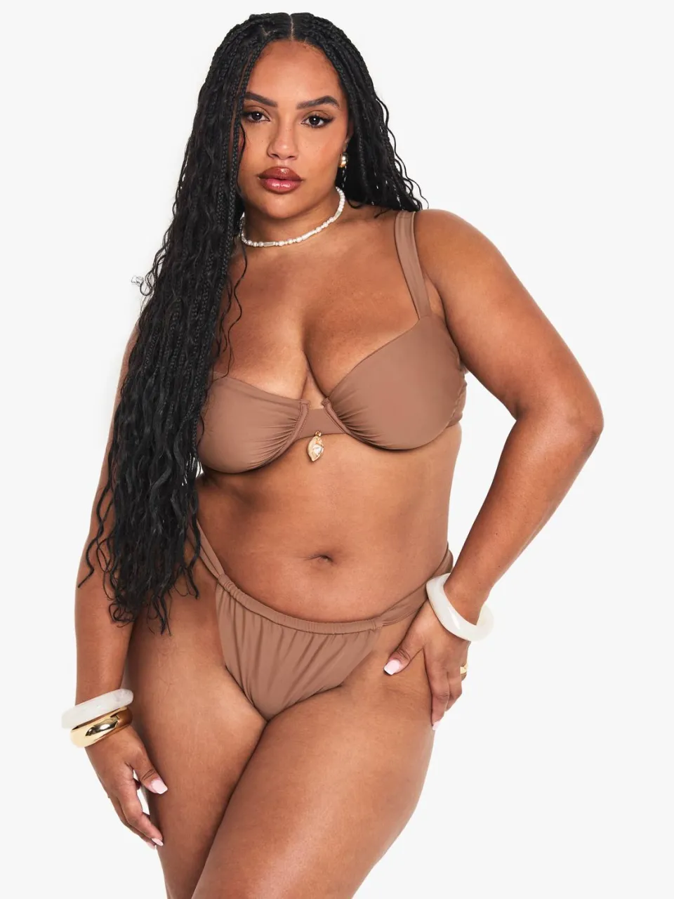 boohoo Dames Plus Bikinitop met Ondersteunende Beugels en Schelpversiering Chocoladebruin