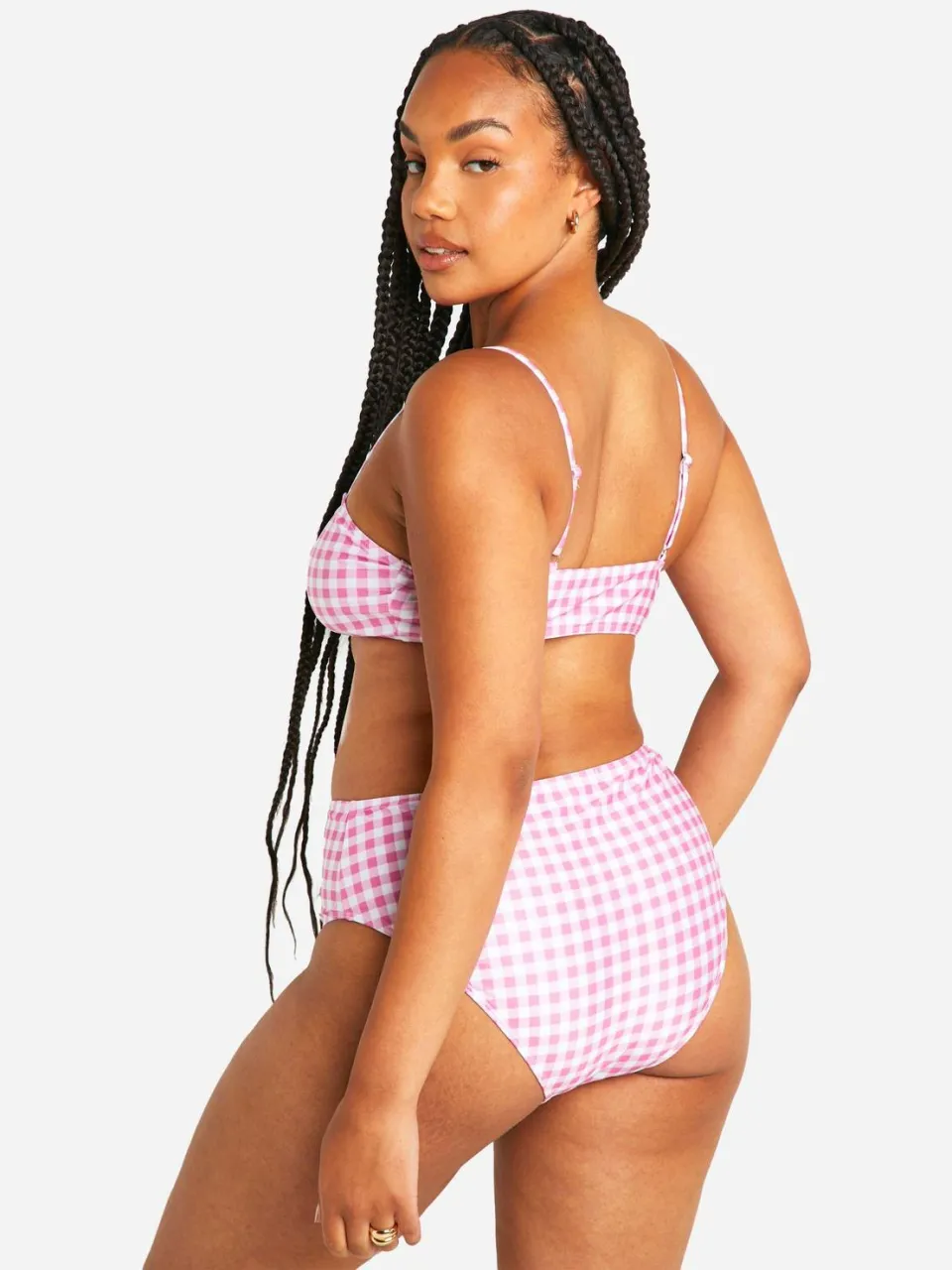 boohoo Dames Plus ruitjesprint high waist bikinislip roze, foto 3