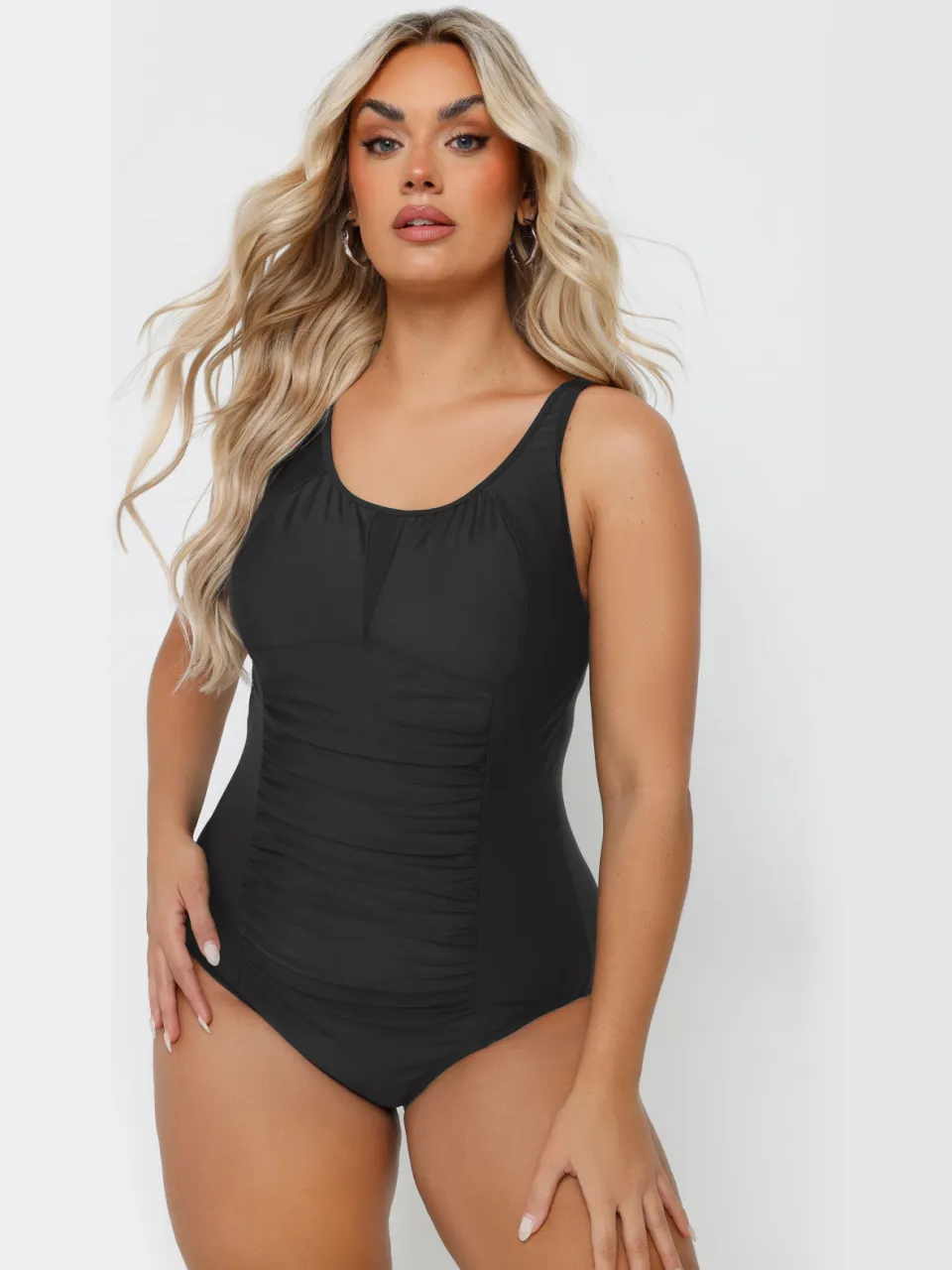 Yours Zwart Badpak Met Ruches, Mesh En Buikcorrectie Black