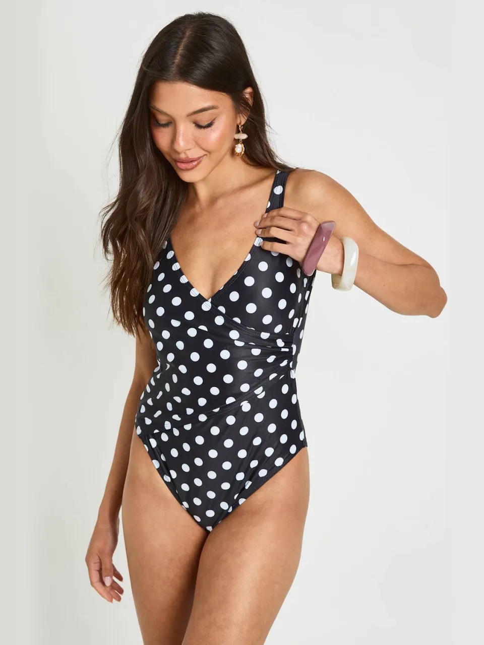 boohoo Dames Polkadot Badpak Met Buikcontrole En Wrapdetail zwart, foto 2