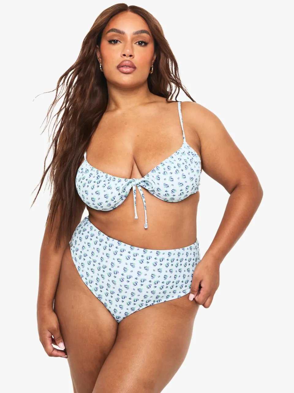 boohoo Dames Plus Gingham Bloemenprint Bikini Top met beugels babyblauw, foto 3