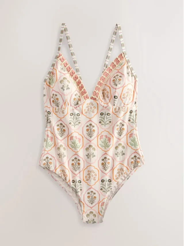 Next Dames - Diepuitgesneden buikbedekkend badpak - Crème Ecru/Peach Floral