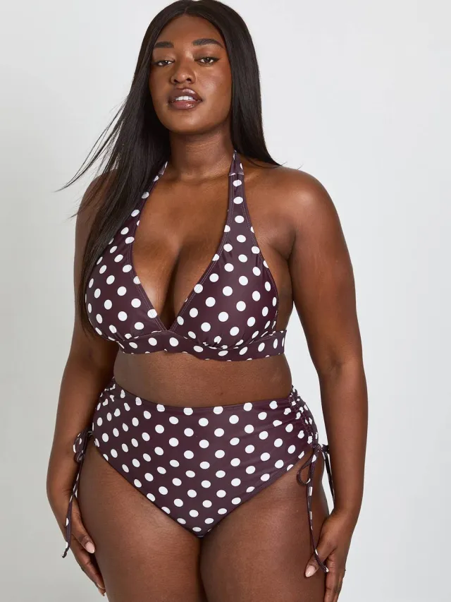 boohoo Dames Plus Polka Dot Buikcontrolerende Hoge Taille En Plunge Bikini Top Chocoladebruin