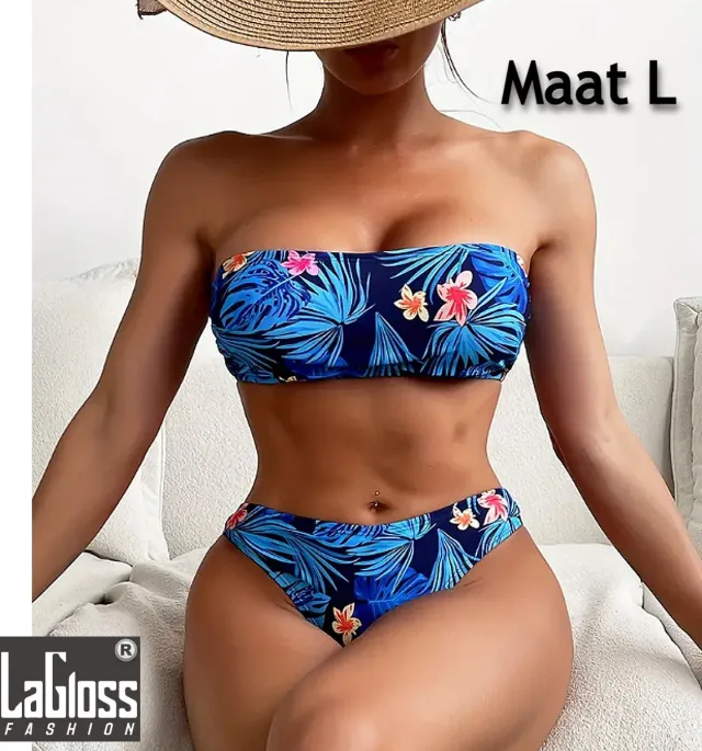 LaGloss Blauwe Tropische Bloemen Bikini Set - Tweedelig - Strand - Maat L %%