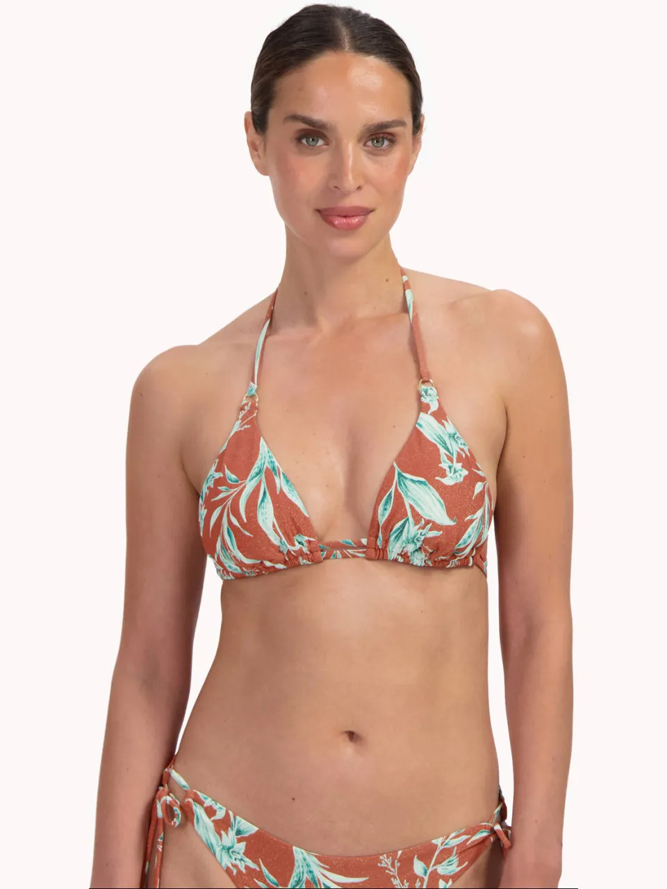 Cyell voorgevormde triangel bikinitop koraal bladprint Lichtbruin/mintgroen