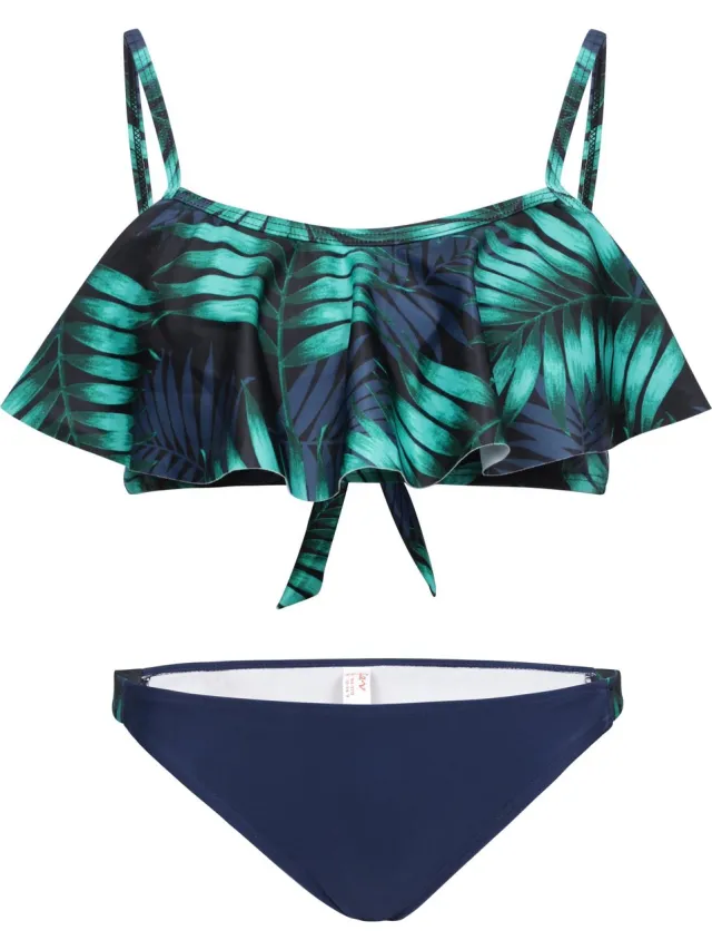La V Bikini met volant top Tropical leaf 170-176 Navy-groen