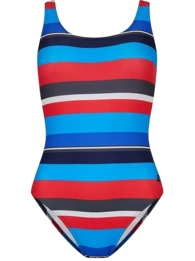 Zoggs Dames Gestreepte Scoopback Eénstuk Badpak (Multikleur Print) Blauw