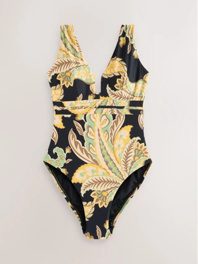 Next Dames - Buikcorrigerend badpak met lage hals - Zwart Black/Green Paisley