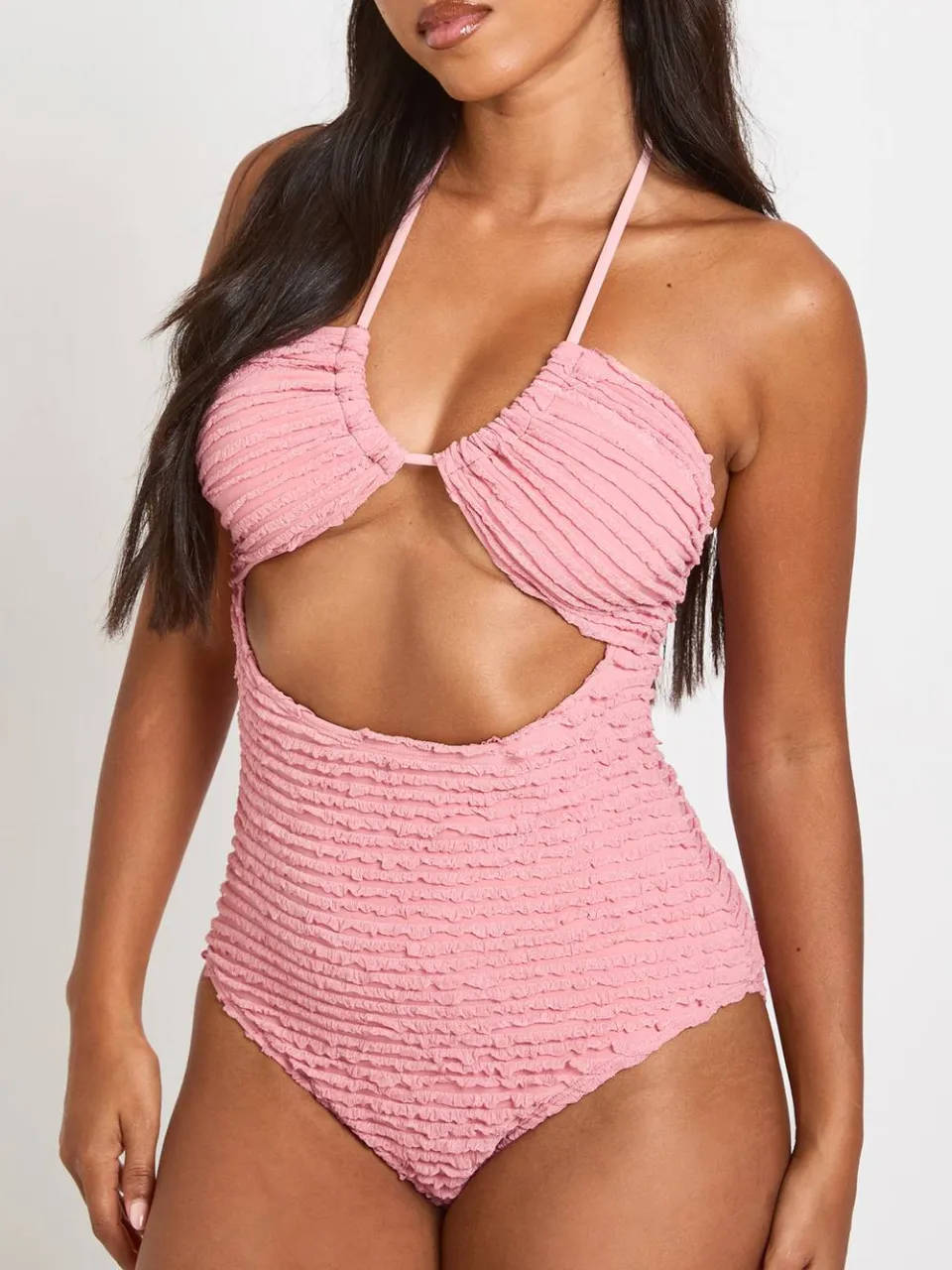 boohoo Dames Gestructureerd Badpak Met Halternek En Cut-out roze, foto 3