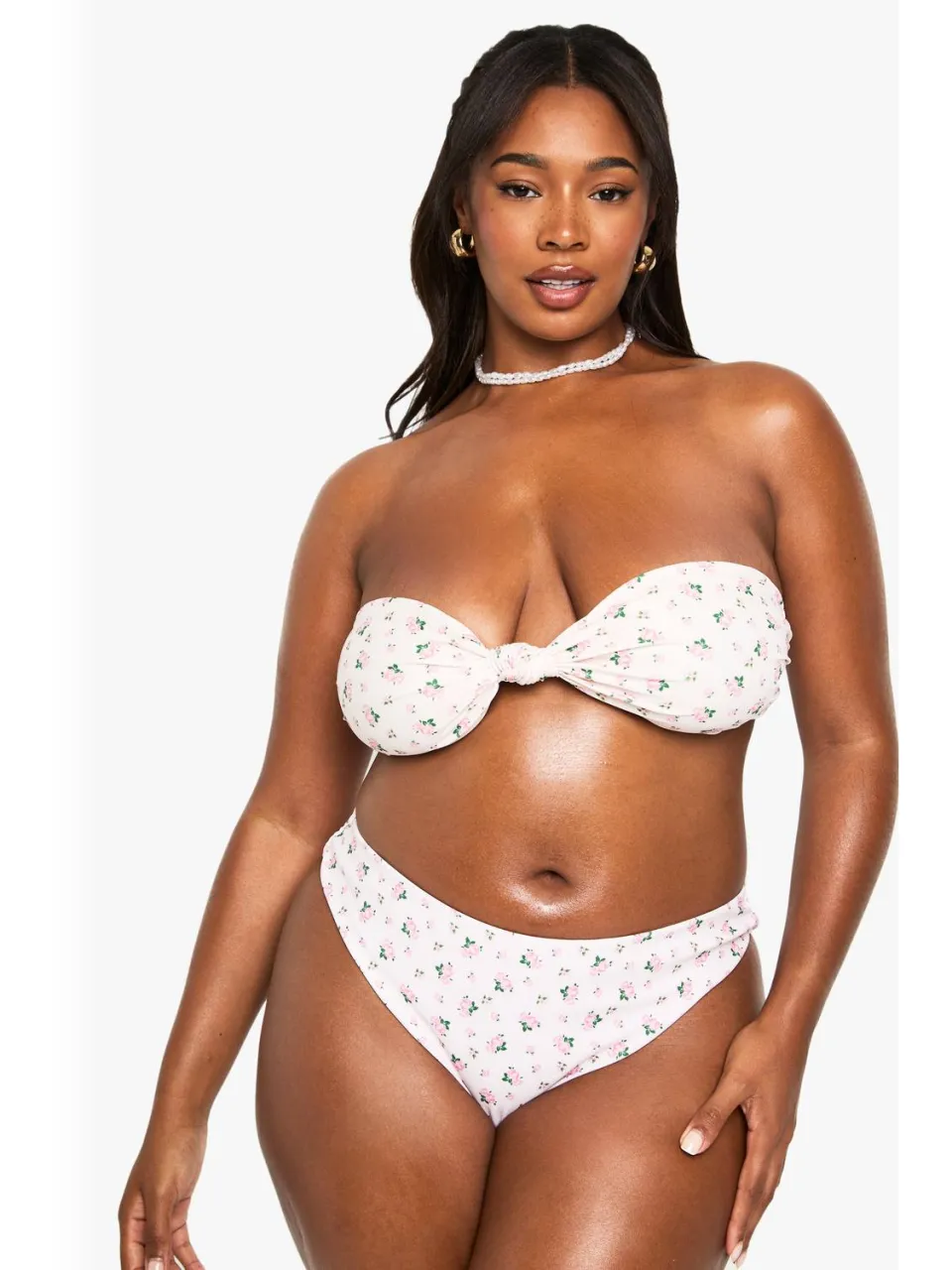 boohoo Dames Plus Swimwear Essentials Ditsy Floral Knot Bandeau Bikini Top roze, foto 3