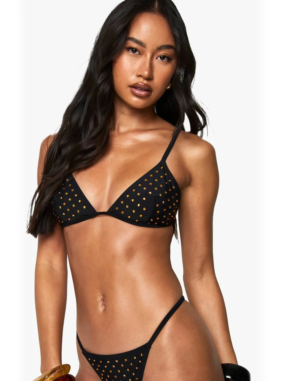 boohoo Dames Premium Swim Hot Fix Diamante Vaststaande Driehoek Bikini Top zwart, foto 3