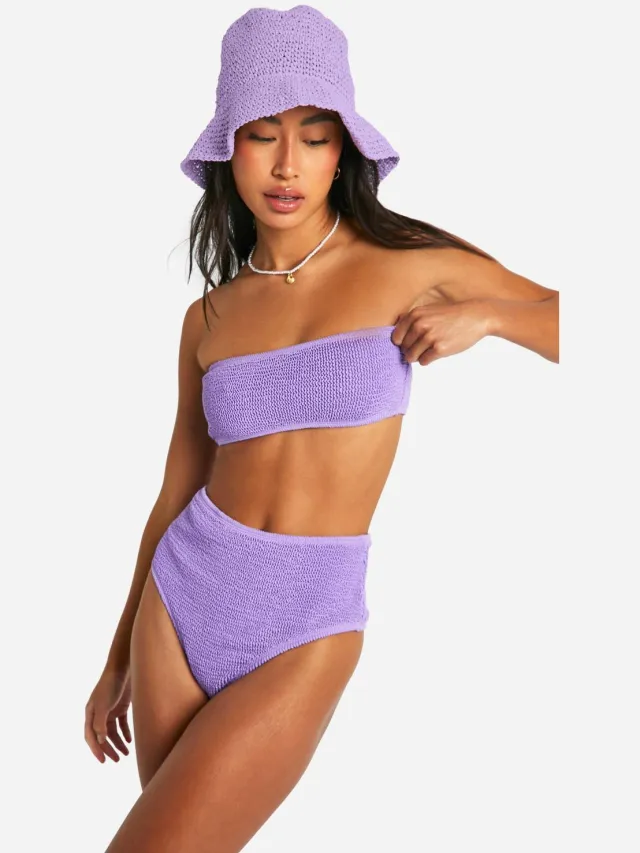 boohoo Dames Premium Crinkle Bikini Slip met Hoge Taille Lila